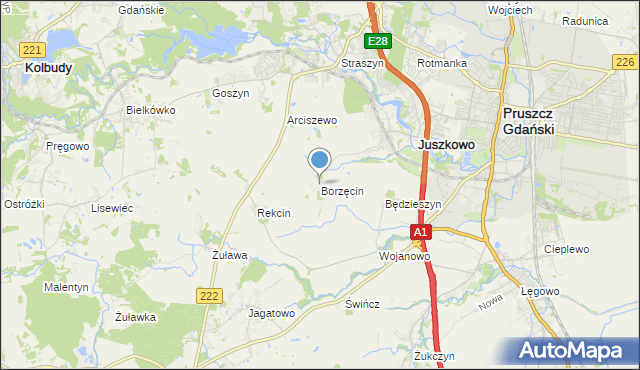 mapa Borzęcin, Borzęcin gmina Pruszcz Gdański na mapie Targeo